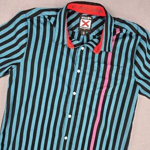 Volcom Shirt Mens Small Surf Blue Black Stripe Peter Schroff Collab Short Sleeve